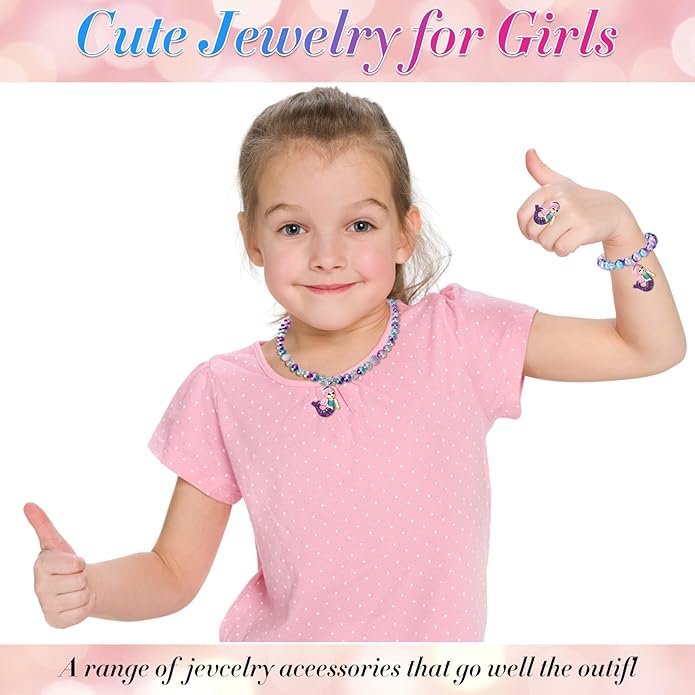 Girls Jewelry Mermaid Necklace Bracelet Ring Set Dress up Pretend Play Jewelry Gifts Kids Toddler Mermaid Party Costume Jewelry Supplies