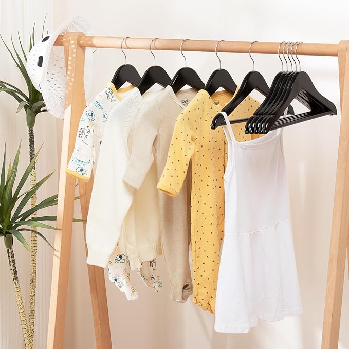 FairyHaus Kids Wooden Hangers 20Pack Black, 12.8 Inch Baby Wooden Hangers for Closet, Anti-Rust 360° Swivel Hook, Notches & Smooth Finish, Natural Solid Wood Childrens Hangers for Clothes