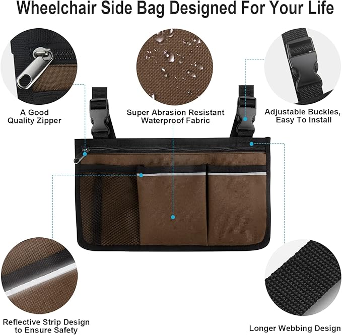 Wheelchair Side Bag, Armrest Storage Pouch with Cup Holder and Reflective Strip Use of Waterproof Fabric, for Most Wheelchairs, Walkers or Rollators (Coffee)