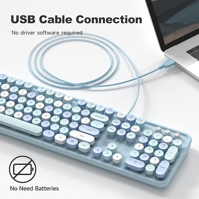 Computer Keyboard Wired, Plug Play USB Retro Round Typewriter Keyboard, Full Size Wired Keyboard with Foldable Stands for Laptop and Office PC - Blue Colorful