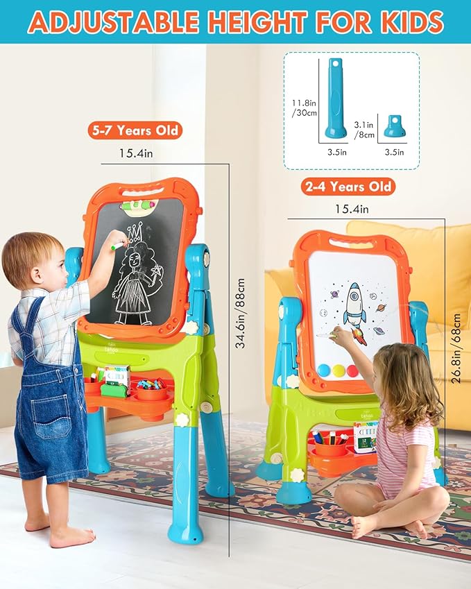 Lehoo Castle Easel for Kids, 4 in 1 Double Sided Kids Art Easel with Magnetic White Board & Chalk Board, Adjustable Standing Toddler Easel with Drawing & Writing Accessories - Gift for Boys and Girls