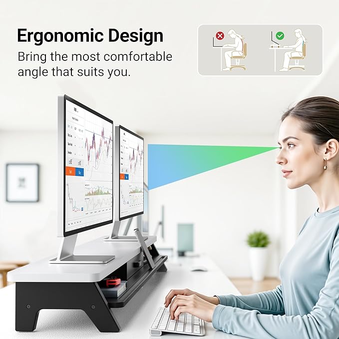 AFOOYO Dual Monitor Stand Riser,LED 2-Tier 39.3 Inch Computer Monitor Stand for 2 Monitors,Office Desktop Organizer with Storage Drawer and Phone Holder for Laptop,PC,Computer,Printer,White