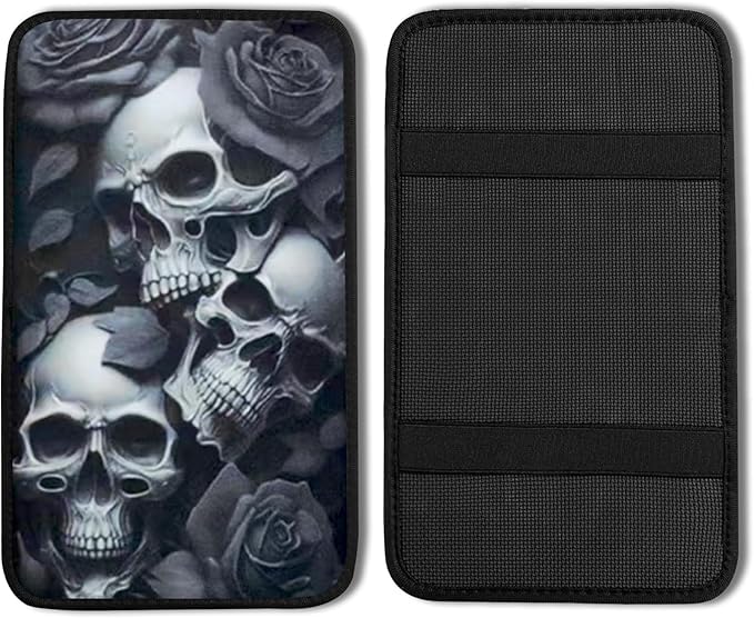 Skull Rose Vehicle Center Console Armrest Cover Pad,Skull Car Accessories Soft Middle Console Cushion Pad,Auto Arm Rest Mat Decor Horror Skeleton Gifts for Women Men Dad for Most Vehicle SUV Truck
