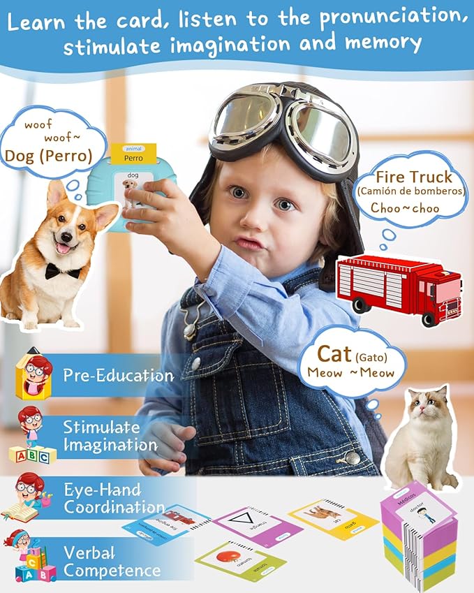 510 Words Spanish English Bilingual Talking Flash Cards, Toddler Learning Montessori Toys for Kids Ages 1 2 3 4 5 6 Year Old Daughter Son, Birthday Gifts for Boys Girls Autism Autistic Sensory Toys
