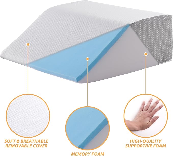 Bedluxe Leg Elevation Pillows, Leg Pillows for Sleeping, Cooling Gel Memory Foam Top, Wedge Pillow for Legs, Leg Wedges for Circulation, Swelling, After Surgery - Removable Cover (6 Inch, White/Grey)