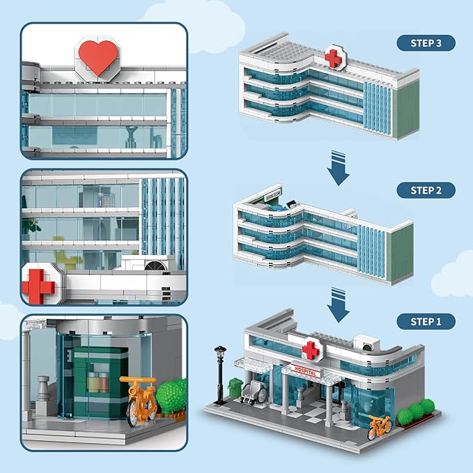 City Hospital Toy Building Set with LED Lighting, Compatible with Lego, Modular Three-Story Architecture Set for Adults, Gift Idea for Kids Ages 10 and Up (1350 Pieces)