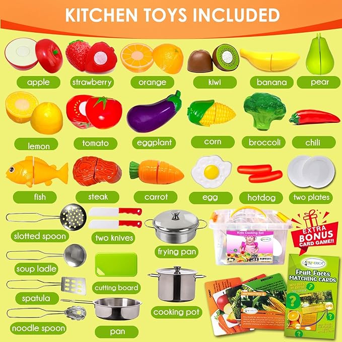 FUNERICA Play Food and Realistic Stainless-Steel Pots and Pans and Utensils - Cutting Fake Food and Pretend Toy Kitchen Accessories Cooking Toy Playset for Toddlers and Kids