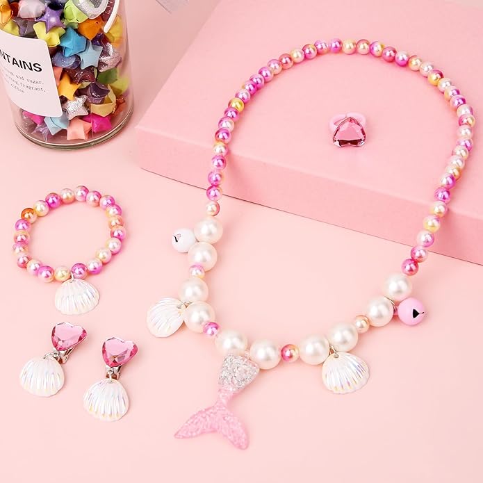 Girl Princess Necklace Bracelet Set, Sea Shell Pearl Earrings and Ring, Pretend Play and Dress up Jewelry Mermaid Style Play Accessories for Birthday Gifts Cosplay, Halloween, Christmas