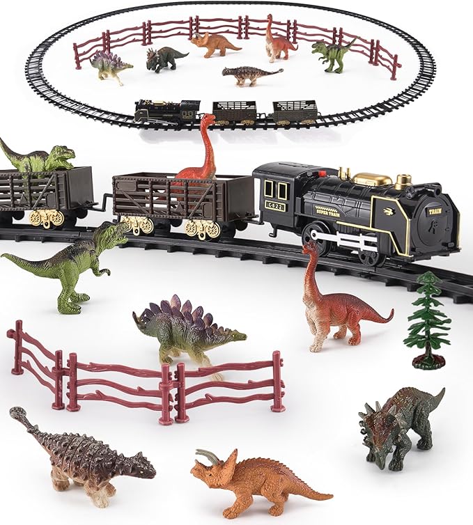 Dinosaur Toy Train Set, Electric Steam Engine with Light & Sound, Include 6 Dino Figures & Accessories, Miniature Animals Toy Cake Topper Bulk Toddler Stocking Stuffers Gift for Ages 3 & Up Boys Girls