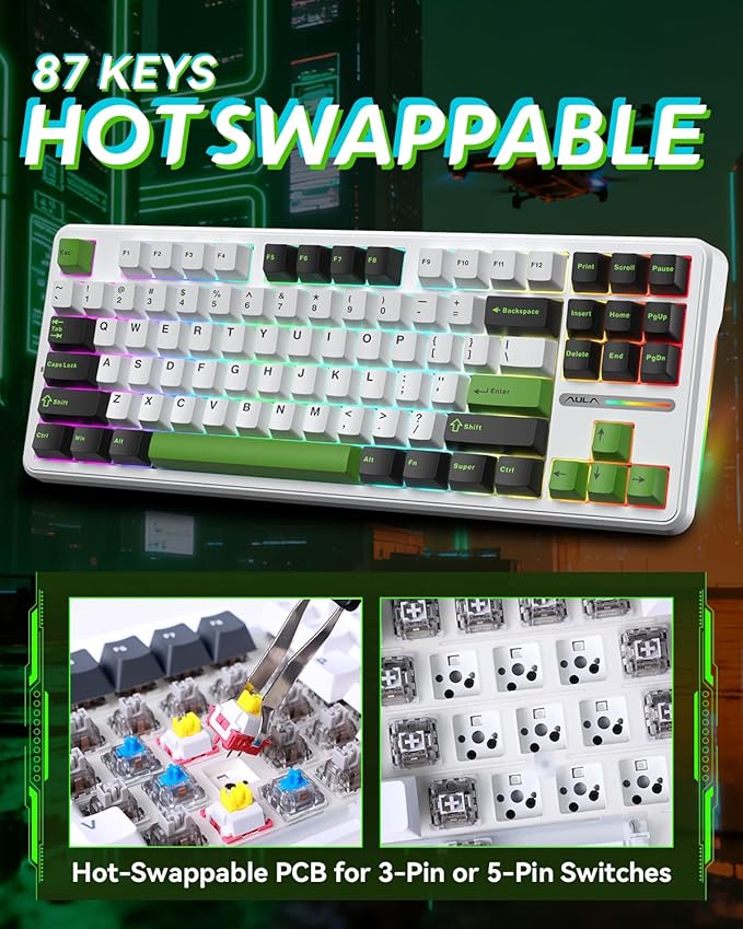 Aula F87 Pro Gaming Keyboard, Tri-Mode BT5.0/2.4GHz/USB-C Hot-Swappable RGB Wireless Mechanical Keyboard, Gasket Mount, 4000mAh, for Windows/Mac Gamer & Typists（LEOBOG Gray Wood Switch V4）