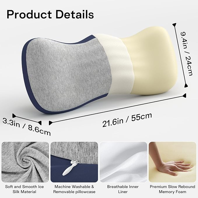 Lumbar Support Pillow for Bed, Memory Foam Pillows for Back Pain Relief, Lower Back Pain Relief Pillow for Sleeping, Adjustable Lumbar Pillow for Sleeping, Bed, Car, Couch (Grey - Navy Blue)