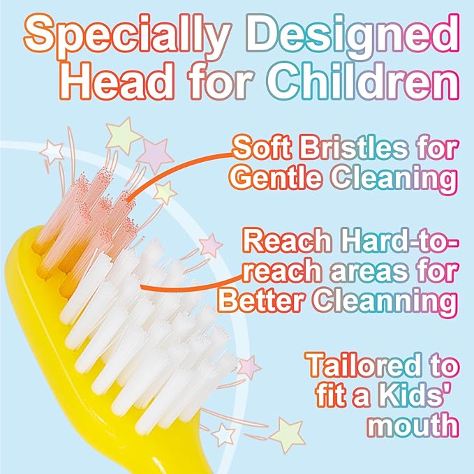 Kids Toothbrush - Soft Bristles with Suction Cup for Easy Storage, Toddler Toothbrush Children Sized Brush Head, Girl & Boy Set, Pack of 4