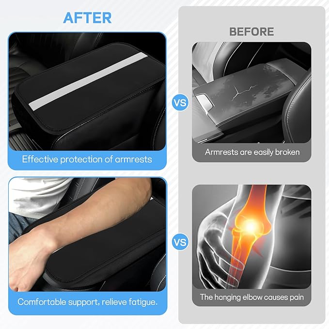 wuyaoyao Car Center Console Cover, 12.6"×7.87" PU Leather Armrest Cover for Cars, Stylish Auto Armrest Cushion Pad, Waterproof Vehicle Arm Rest Protector, Interior Car Accessories (Black+Gray)