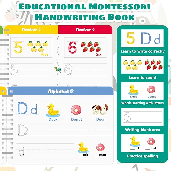 Handwriting Practice Book for Kids, Preschool Learning Activity Busy Book for Toddler 3 4 5 Year Olds, 40 Pages Autism Educational Montessori Toys, Tracking Letters Learn Number Shapes Animal Workbook