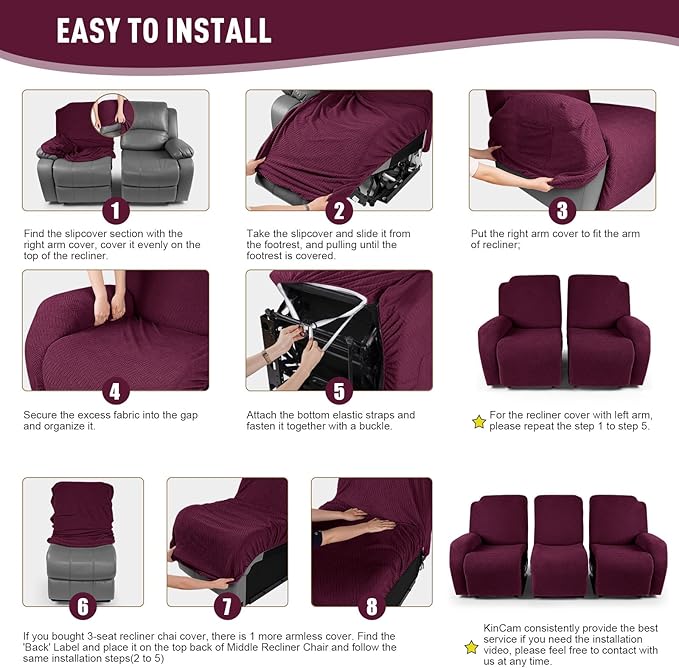 KinCam Recliner Covers, Stretch Reclining Chair Covers, Recliner Sofa Slipcovers Stripe Jacquard Recliner Couch Covers Furniture Protector Covers for Pet Kid (3 Seater, Burgundy)