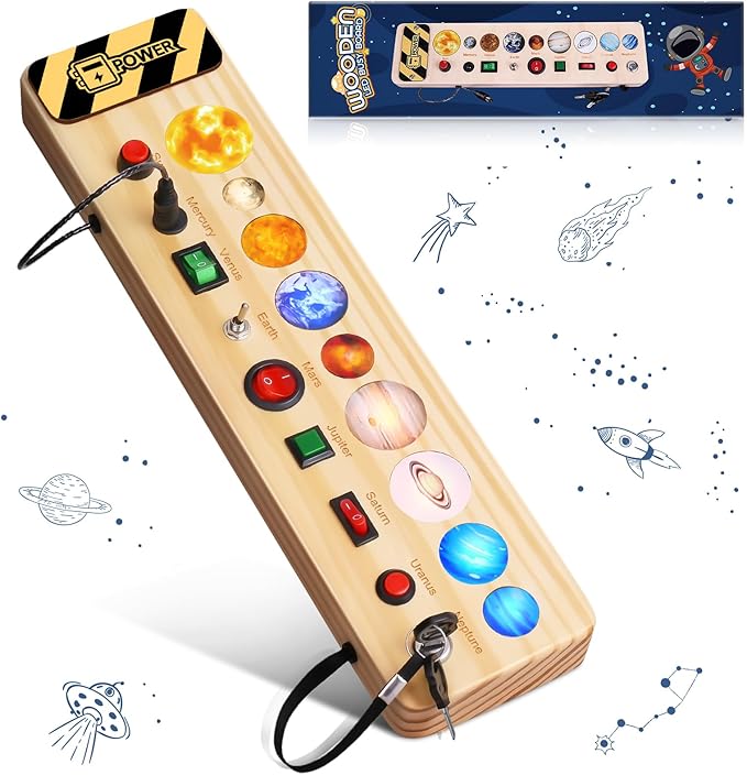 Solar System Busy Board Montessori Toys for Toddler, Wooden Sensory Board Switch Space Toy LED Light Up Travel Toys Educational Plane Travel Activity for Year Old Girls & Boys Gifts