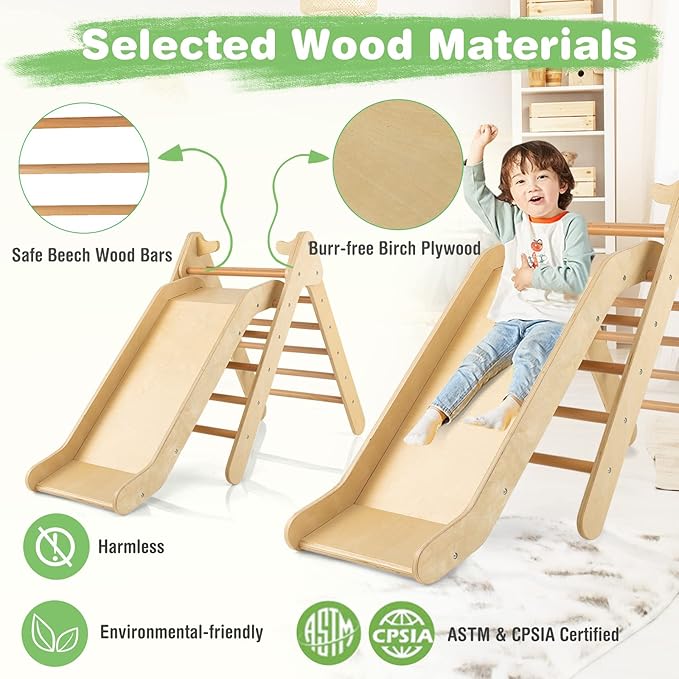 HONEY JOY Triangle Climber with Ramp, Kids Climbing Triangle Ladder for Daycare, Gym & Playground, Wooden Montessori Climbing Toys for Toddlers, Gift for Boys Girls