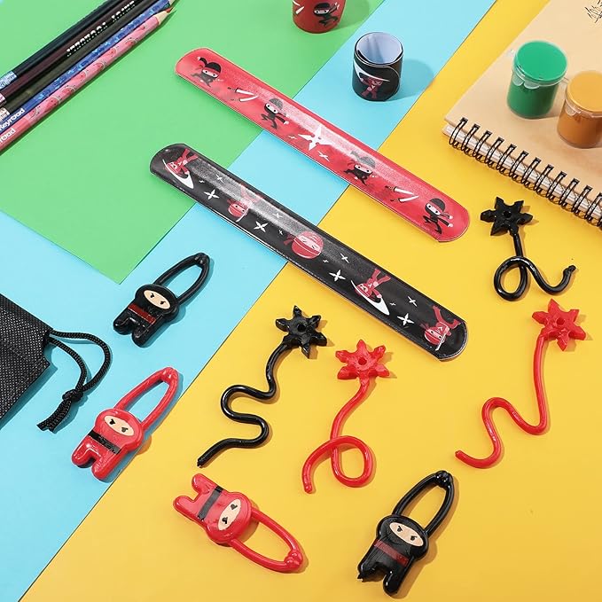 Cindeer 9 Set Ninja Party Favors, Includes Ninja Theme Drawstring Bags, Stretchy Flying Ninjas and Stars Slingshots Stretch Toys, Slap Bracelets for Karate Ninja Birthday Party Favor Supplies