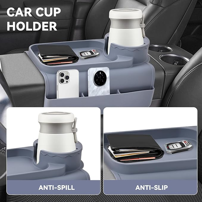 Couch Cup Holder Tray - Wide (6"+) ， Silicone Sofa Armrest Tray with Dual Pockets，Couch Arm Tray Anti-Slip Organizer for Drinks, Phone, Remote, Snacks | Heat Resistant for, Recliner, Car