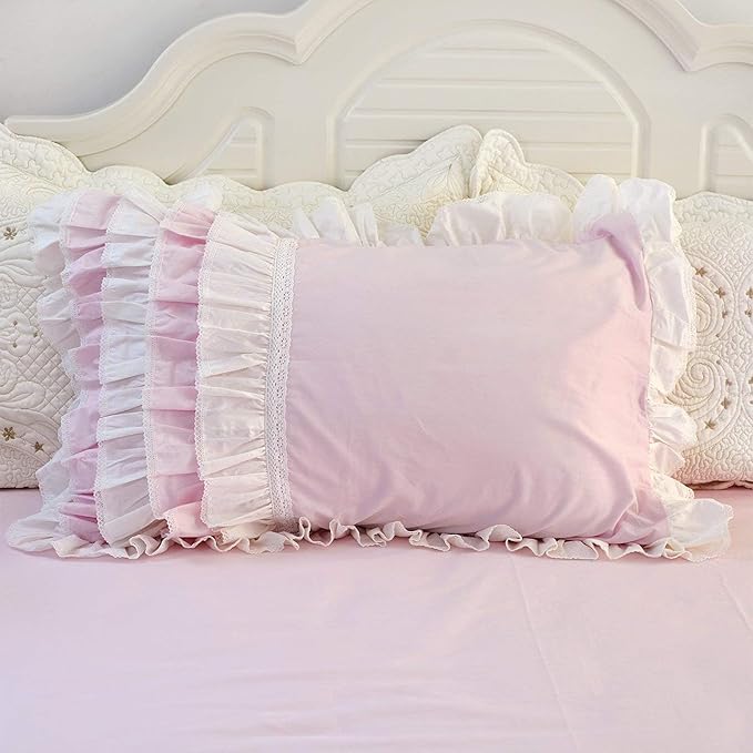 Helthep Pink Ruffle 3Pcs Duvet Cover Set King, 100% Cotton Girls Bedding Set Princess Lace Patchwork Soft Breathable Washed Cotton, (1 Duvet Cover + 2 PillowShams, Comforter Not Included)