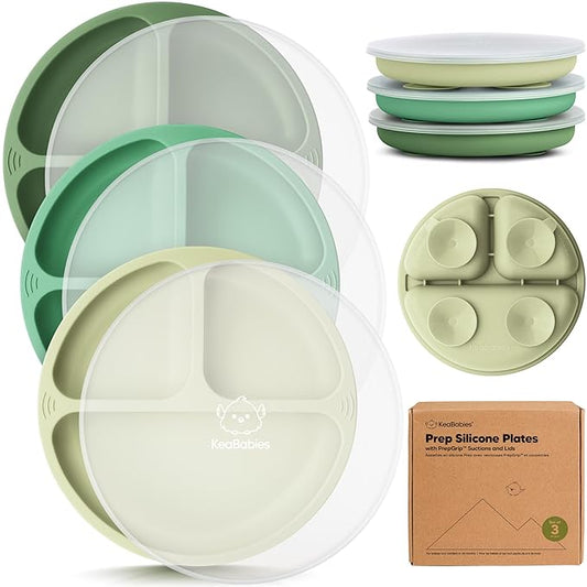 KeaBabies Suction Plates with Lids for Baby - 3-Pack 100% Silicone Suction Plates for Baby, Kids,Toddler Plates,Divided Baby Plates with Suction,Lids, BPA-Free, Microwave, Dishwasher Safe (Forest)
