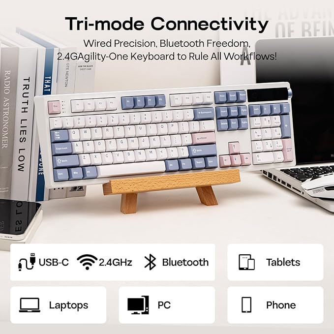 EPOMAKER TH108 PRO Full Size Mechanical Keyboard with Screen & Knob, Wireless Gaming Keyboard with 10000mAh, Creamy Gasket, Hot Swap, Custom Driver, RGB Backlight (White, Sea Salt Silent)