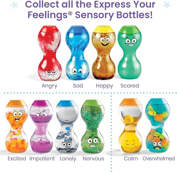 hand2mind Express Your Feelings Sensory Bottles- Primary Emotions, Toddler Sensory Toys, Quiet Fidget Toys, Play Therapy Toys, Calm Down Corner Supplies, Calming Corner, Social Emotional Learning