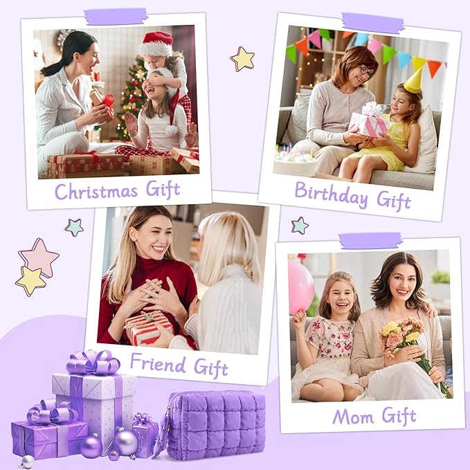 Puffer Quilted Makeup Bag Cosmetic Bags,Puffy Travel Toiletry Pouch for Women,Cute Checkered Zipper Bag Travel Essential,Portable Aesthetic Make up Organizer Bag for Gifts Work Daily(Purple,M)