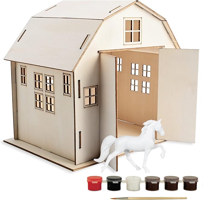 Breyer Horses Stablemates Paint Your Own Barn and Horse Set | 6 Paints Included | 1:32 Scale Horse | Barn 6.75" H x 5.25" W x 7.5" L Craft Set | Model #4245