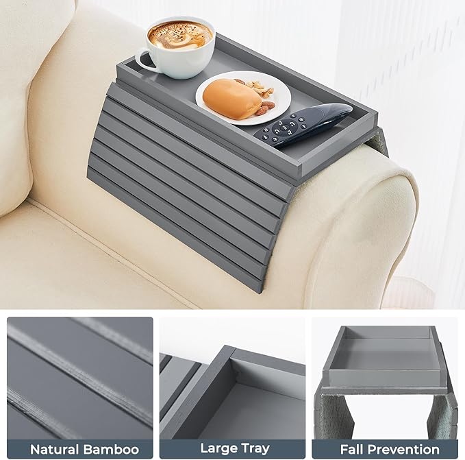 Bamboo Sofa Arm Tray, Anti Falling Couch Arm Tray Table, Foldable Couch Armrest Table, Portable Sofa Armrest Trays Cup Holder for Drink, Cups, Phone, Snacks, Remote