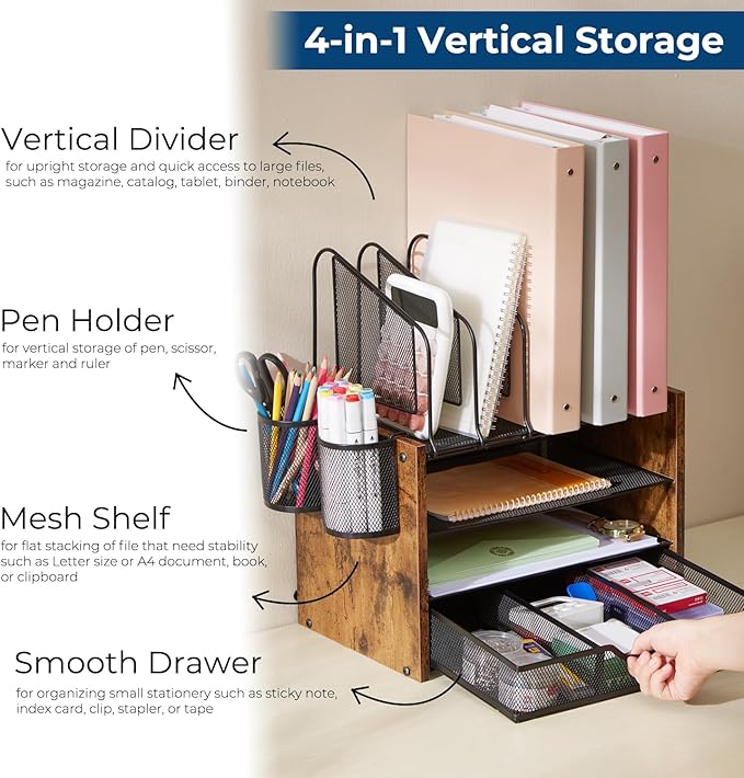 Y YOMA Wooden Desk Organizer, 4-Tier Mesh Desk Organizer with Drawer, Paper Tray & 5 Vertical File Holders, 2 Pen Holders, Desktop Organizer and Accessories for Home Office Dorm