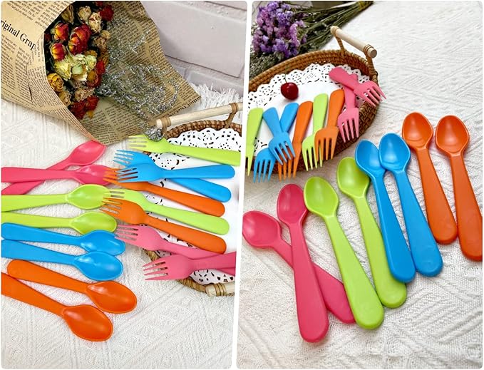 Jawbush 16 Pcs Kids Utensils Set, Plastic Kids Forks and Spoons Set, Reusable Toddler Utensils Kids Silverware Cutlery Set, Durable Flatware Set for Lunch Box, Easy to Use for Kids and Adults,BPA Free
