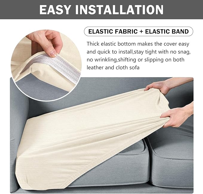 URBANLIFE Stretch Couch Cushion Covers Set of 3 – Replacement Individual Sofa Seat and Back Cushion Slipcovers with Full Elastic Hem, Soft Textured Fabric, Fits 27"x38", Machine Washable (Cream)