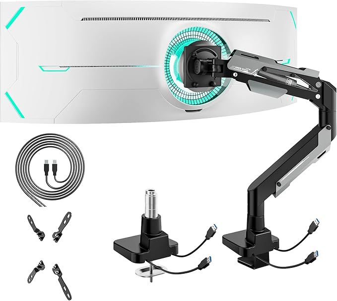 ARES WING Heavy Duty Ultrawide Monitor Arm - Gas Spring Aluminum Monitor Mount with USB for 24"-57" Curved Screens up to 66 lbs with Clamp/Grommet Desk Mount, 75/100/200 Vesa Mount, Black