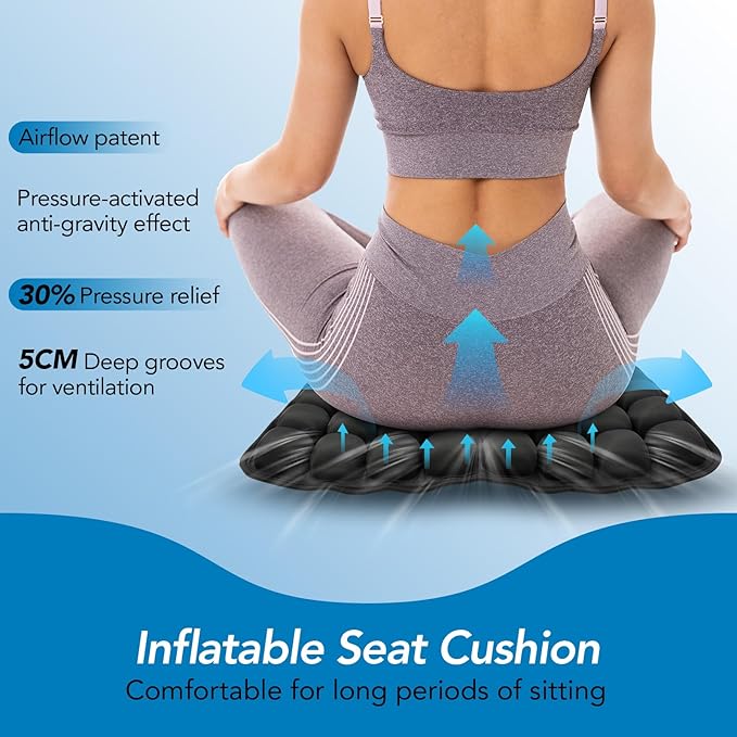 Air Inflatable Travel Seat Cushion, Portable Breathable Comfort Cushion, 56 Air Bubble Design for Airplane, Car, Office Chairs & Home Living – Lightweight & Ergonomic Support,18” x 16”