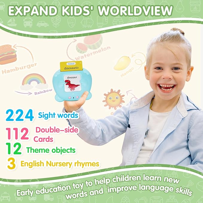 Whongkidz Spanish Talking Flash Cards, Bilingual Toy for Kids Toddlers Pocket Speech Audible Flashcards, Educational Autism Sensory Toys for Autistic Children, Speech Therapy Toys (Blue_112 Cards)