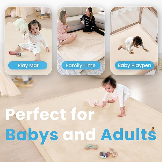 1.3" Thick Baby Play Mat for Floor Playpen, 71x59 Large Foam Tummy Time Mat, Padded Support Soft Plush Nursery Rug for Infant Kids Toddler Crawling Kick Activity (Beige)