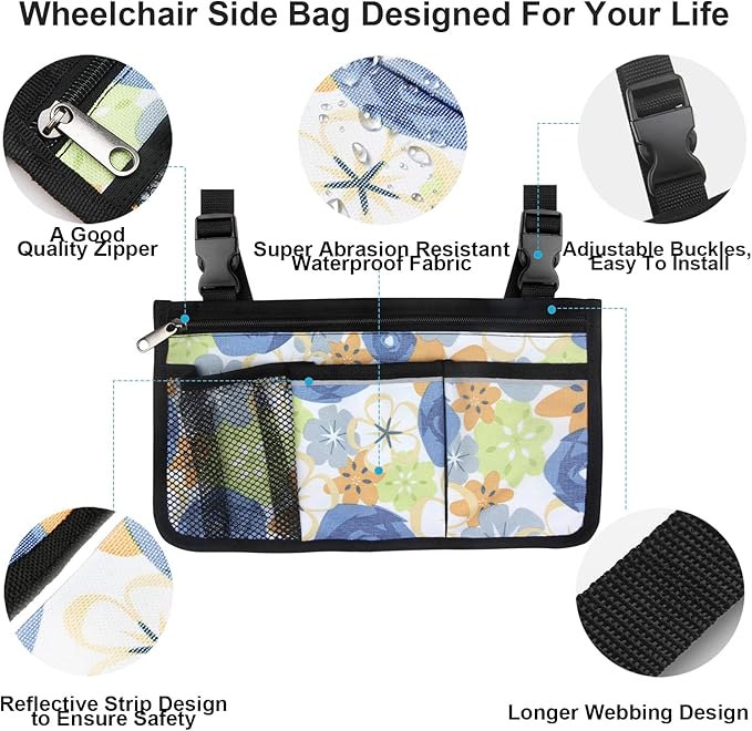 Wheelchair Side Bag, Upgrade Flower Color Wheelchair Armrest Storage Pouch with Cup Holder and Reflective Strip Made with Waterproof Fabric, for Most Wheelchairs, Walkers and Rollators (Blue Rose)