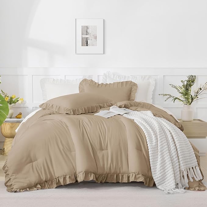 Andency Taupe King Comforter Set(104x90Inch), 3 Pieces(1 Ruffle Comforter and 2 Pillowcases) Lightweight and Fluffy Bedding Comforter Set, All Season Soft Microfiber Shabby Chic Bedding Set