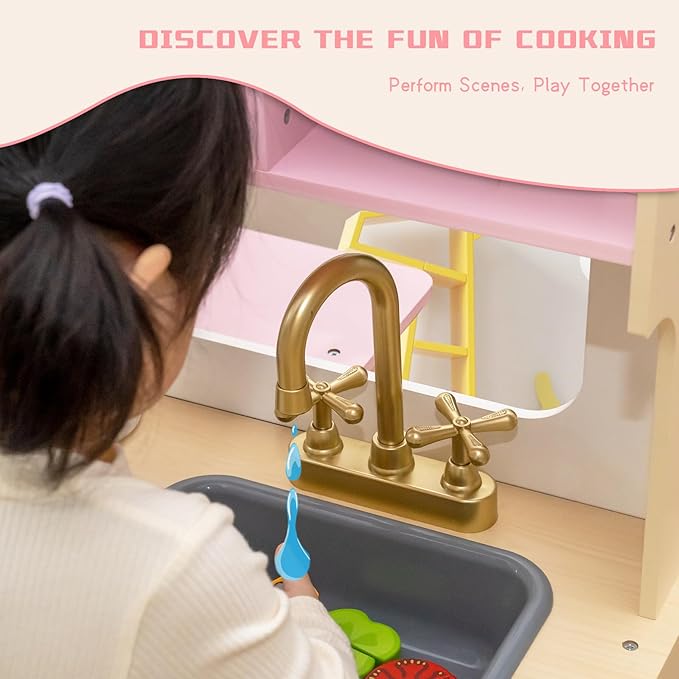 Garsing Play Kitchen Pretend for Kids Toddlers, Double Sided Toy Kitchen and Restaurant with Realistic Features, Wooden Toy Kitchen Sets with Storage and Accessories, Age 3+, Pink