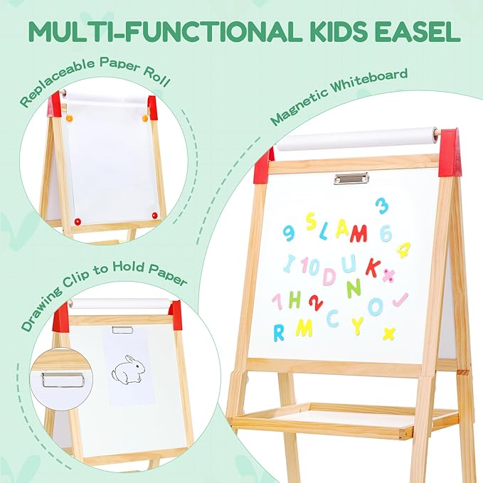 GAOMON Art Easel for Kids, Wooden Dry Erase Easel w/Large LCD Board & Magnetic Whiteboard, Paper Roll, Adjustable Height & Accessories, Double-Sided Drawing Standing Easel for Boy Girl Aged 3+