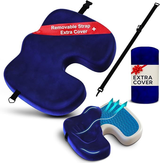 Gel Seat Cushion – Navy Blue Flannel Pillow with Velvet Removable Cover – Ergonomic Sponge Support for Office, Car & Home