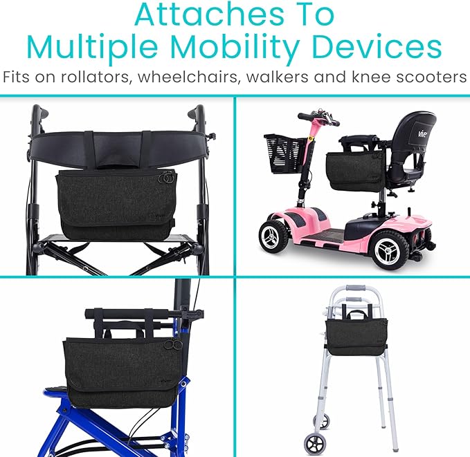 Vive Wheelchair Carry Bag - Arm Rest Pouch for Rollator, Walkers, Power Wheel Chairs and Knee Scooters - Side Storage Organizer for Elderly, Seniors, Adults (Black)