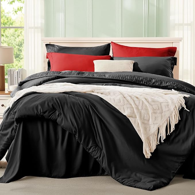 Anluoer Black and Red Full Comforter Set 7 Pieces, Bed in a Bag with Sheets, All Season Bedding Sets with 1 Comforter, 2 Pillow Shams, 2 Pillowcases, 1 Flat Sheet, 1 Fitted Sheet