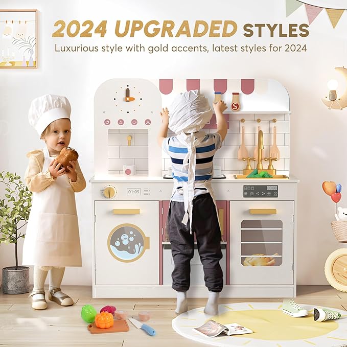 BIERUM Play Kitchen with Realistic Lights & Sounds, Wooden Kitchen Playset Chef Pretend Play Set for Toddlers, Toy Kitchen with 26 Pcs Toy Food & Cookware Accessories, Gift for Ages 3+ (White)