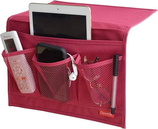 Bedside Storage Organizer, Bedside Caddy, Table Cabinet Storage Organizer, TV Remote Control, Phones, Magazines, Tablets, Accessories (Red)