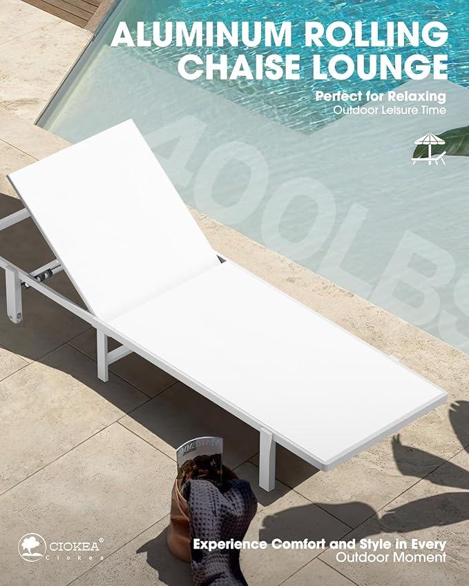 Aluminum Chaise Lounge Chair Outdoor with Wheels, Patio Lounge Chair with Adjustable 5-Position Recliner and Full Flat Tanning Chair for Patio, Beach, Pool, White