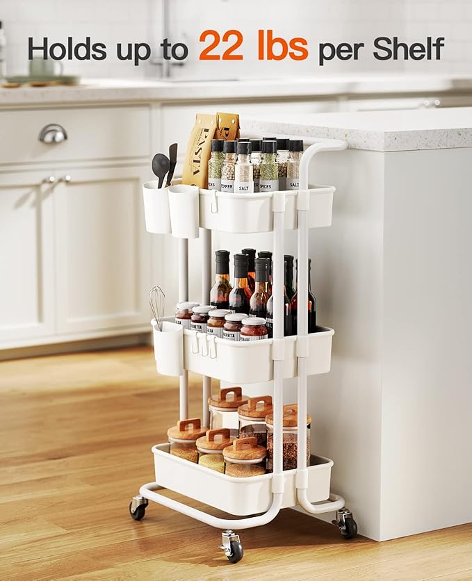 Pipishell 3 Tier Rolling Cart - Art & Craft Organizer Cart with Hanging Cups & Hooks - White Metal Storage Carts with Wheels Perfect for Craft Room, Office, Kitchen, Bedroom, Bathroom, Laundry Room