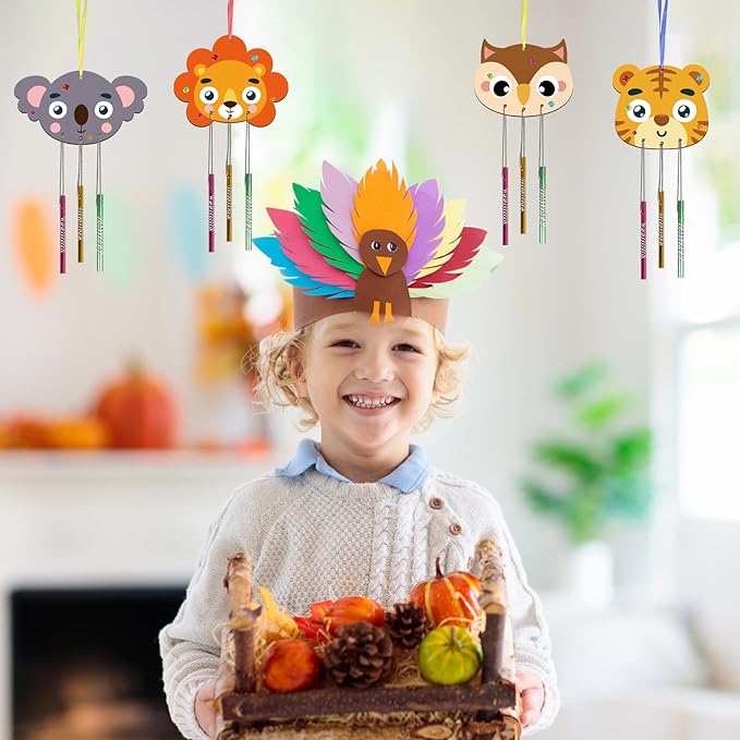 Fennoral 9 Pack Fall Wind Chime Kit for Kids Make You Own Fall Animals Wind Chime DIY Coloring Fall Craft Wooden Hanging Ornaments Outdoor Activity Autumn Thanksgiving Party Decorations