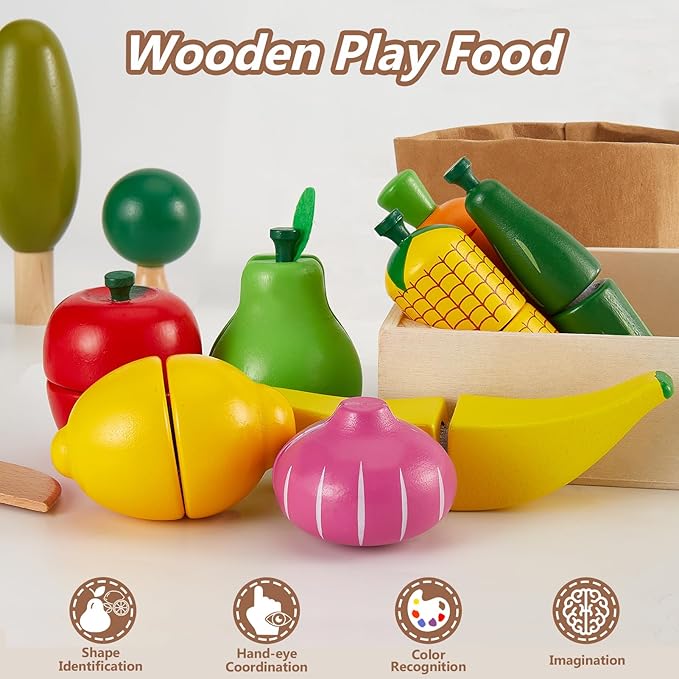HERSITY Wooden Play Food Set Cutting Fruits and Veggies Toys for Toddlers 1-3, Pretend Play Kitchen Accessories Montessori Educational Toys for Kids Boys Girls 18 Months+